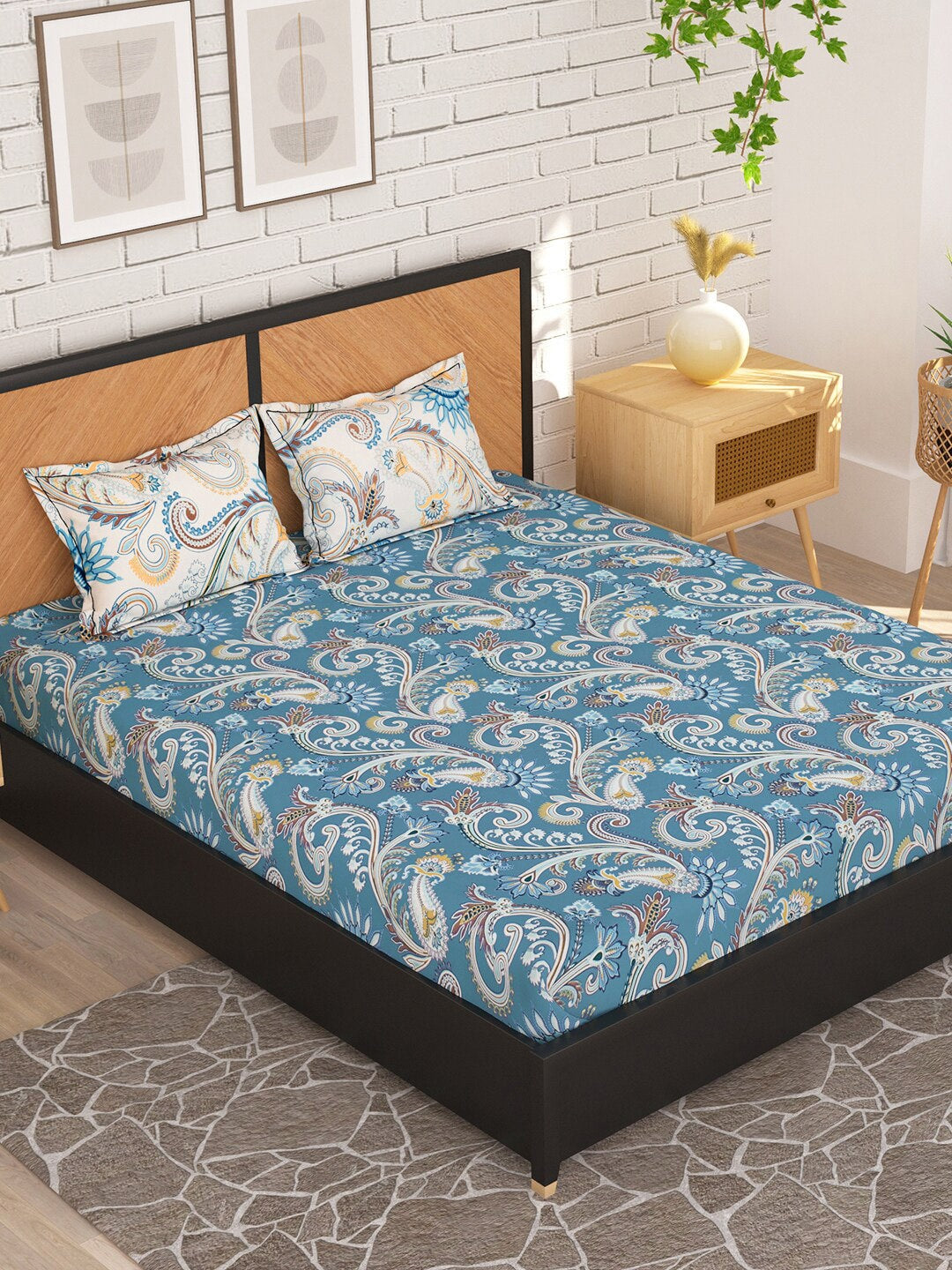 Story@home Blue & Cream-Coloured Ethnic Motifs 180 TC Queen Bedsheet With 2 Pillow Covers - Swadesiicart