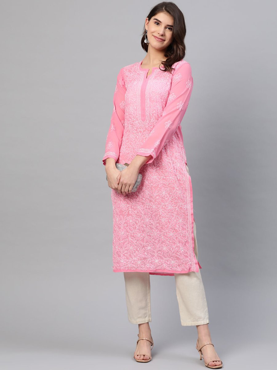 ADA Women Pink & White Chikankari Embroidered Straight Sustainable Handloom Kurta | Swadesiicart
