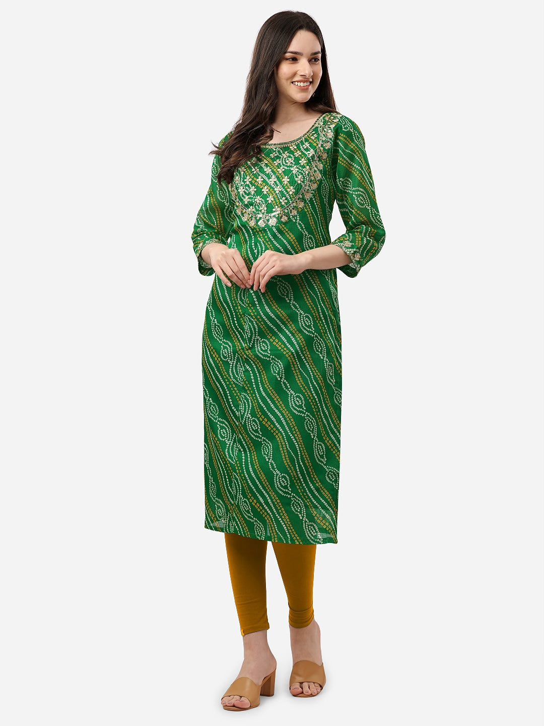 HERE&NOW Women Green Leheriya Printed Pure Cotton Kurta - Swadesiicart