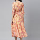 Souchii Peach-Coloured Floral Layered Chiffon Beautiful A-Line Midi Dress - Swadesiicart