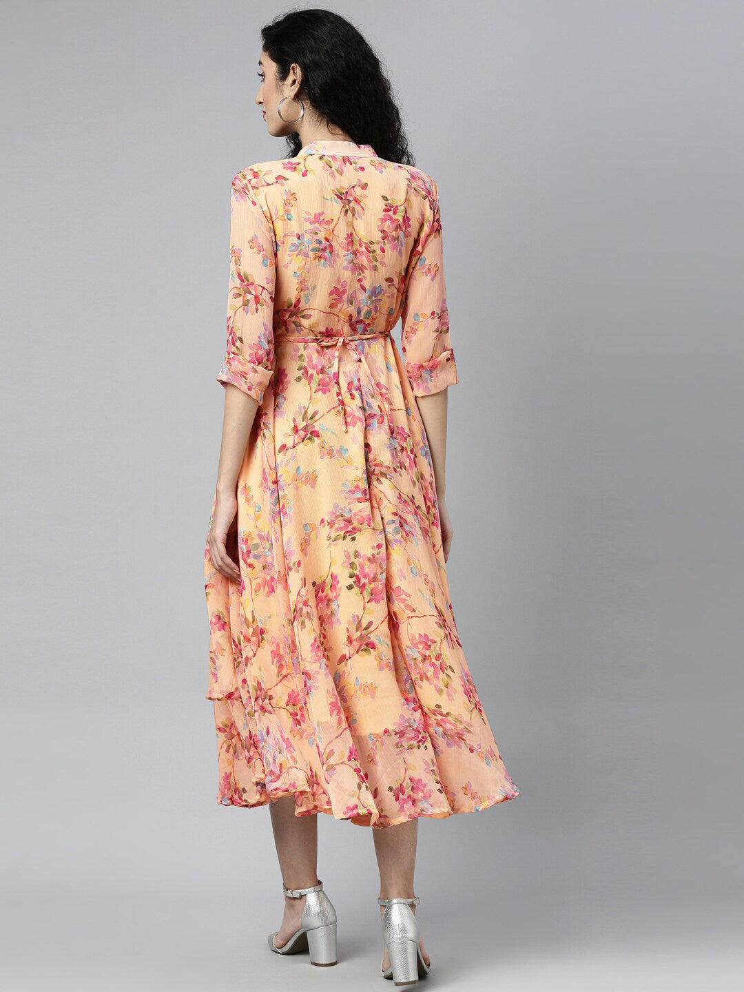 Souchii Peach-Coloured Floral Layered Chiffon Beautiful A-Line Midi Dress - Swadesiicart