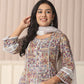 Yufta Beige Cotton Geometric Print Anarkali Kurta Pant Dupatta Set