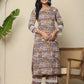 Yufta Beige Cotton Geometric Print Straight Kurta Pant Dupatta Set