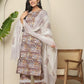 Yufta Beige Cotton Geometric Print Straight Kurta Pant Dupatta Set