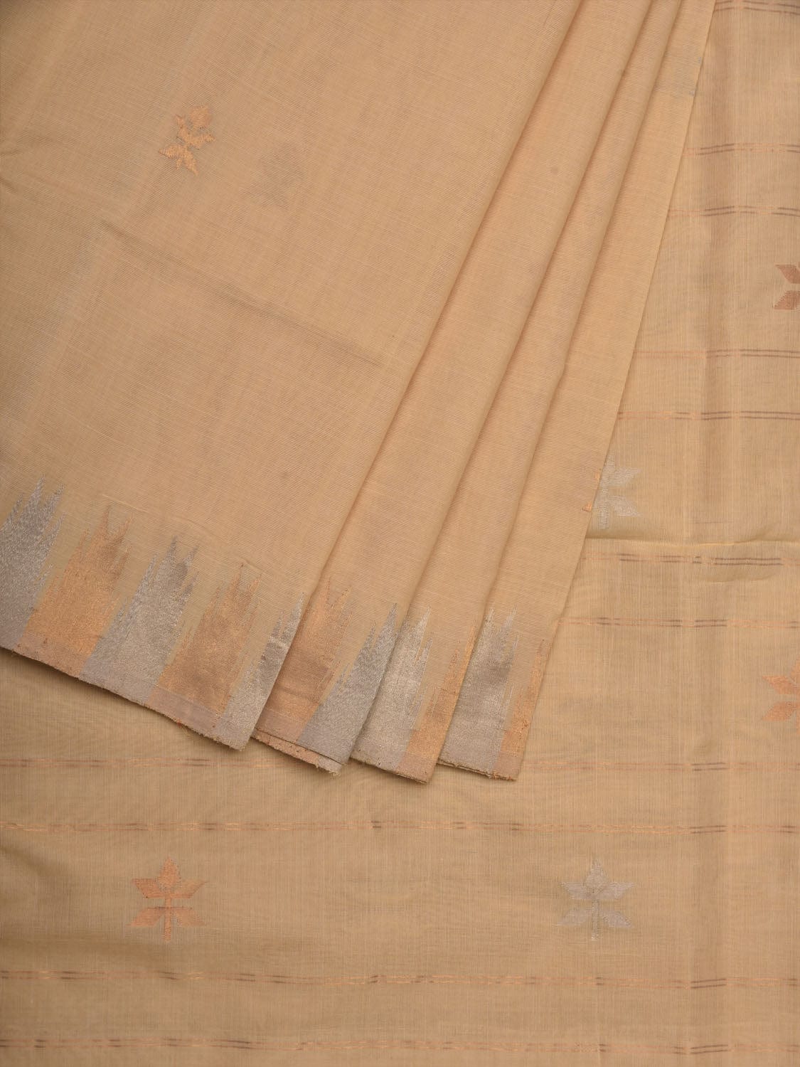 Beige Khadi Cotton Handloom Saree with Temple Border Design - Global Threads | Swadesiicart