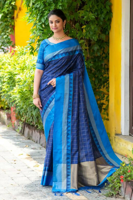 Vishnu Weaves Women's Blue Raw Silk Checks Zari Woven Saree with Unstitched Blouse - Swadesiicart