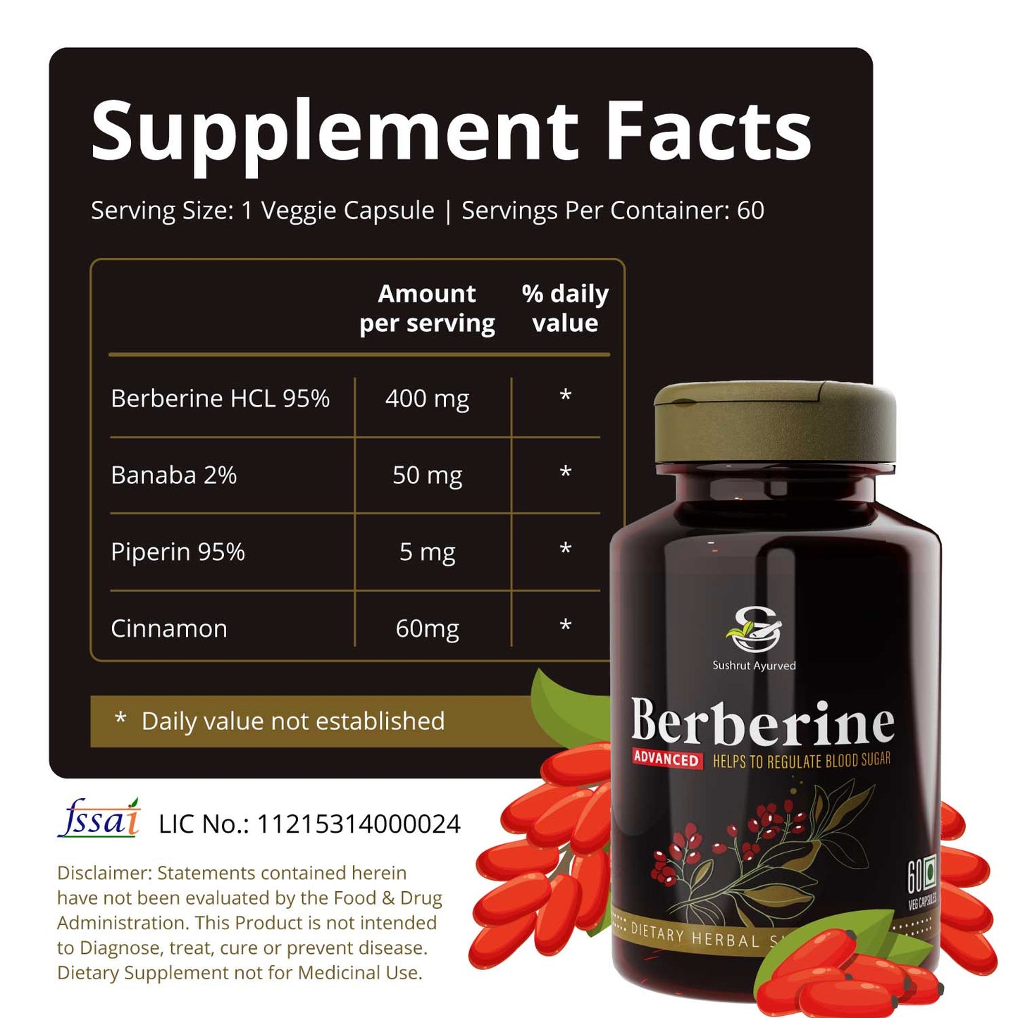 Sushrut Ayurved Good Health Berberine Veg Capsules - Swadesiicart