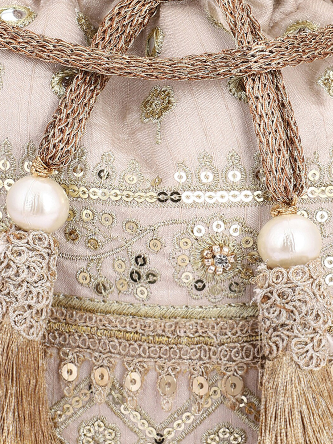Masq Women Beige & Gold-Toned Embellished Potli - Swadesiicart