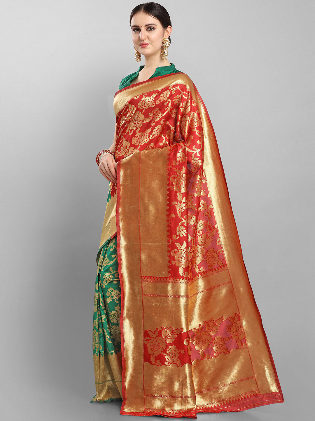Kalini Red & Green Floral Zari Silk Blend Banarasi Saree | Swadesiicart