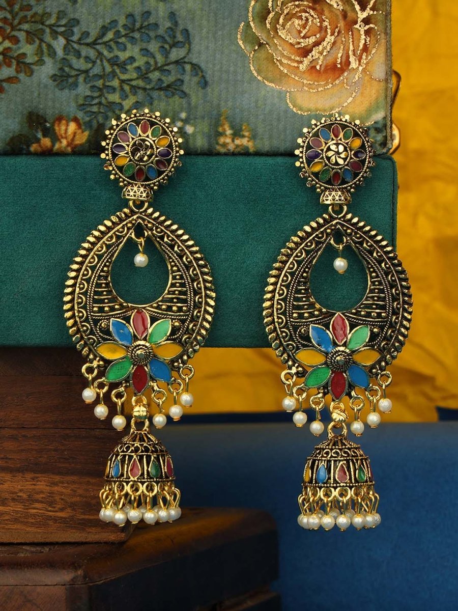 Anikas Creation Gold-Toned & Multicoloured Contemporary Jhumkas Earrings | Swadesiicart