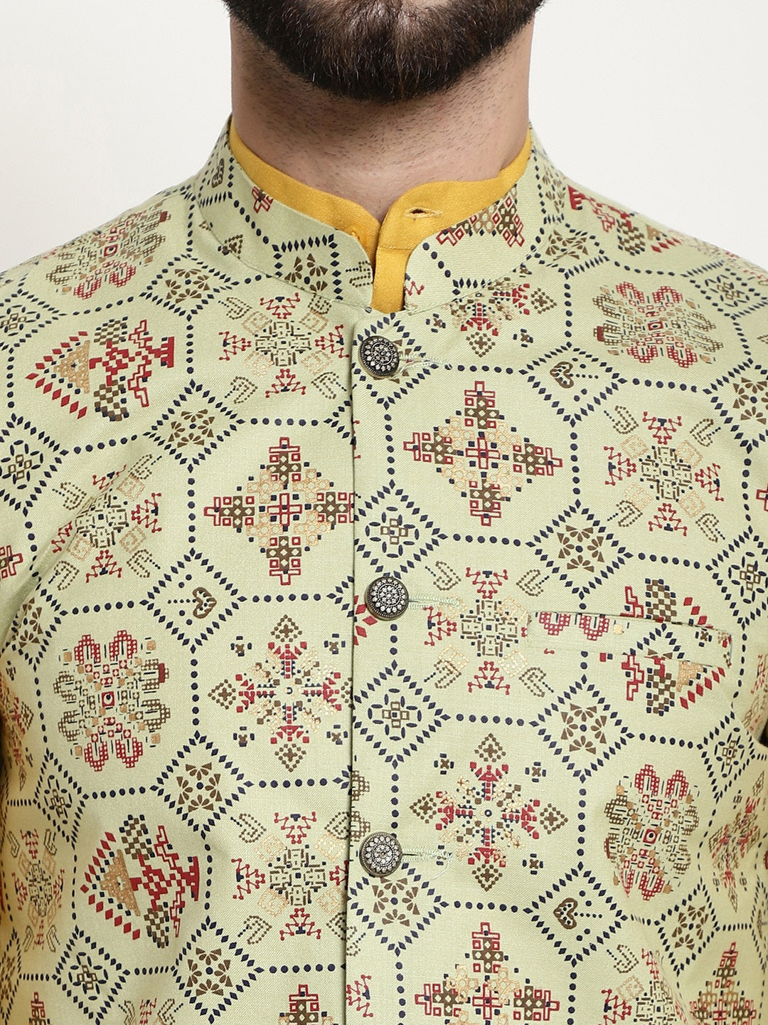 Sojanya Men Mustard Yellow Pure Cotton Kurta with Churidar & Nehru Jacket | Swadesiicart