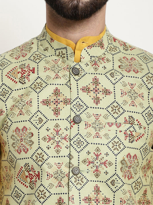 Sojanya Men Mustard Yellow Pure Cotton Kurta with Churidar & Nehru Jacket | Swadesiicart