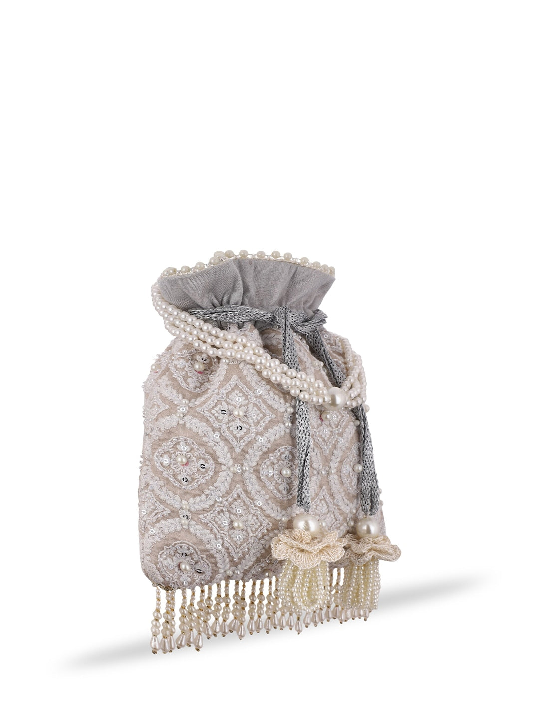 Masq Tan & White Embroidered Potli Clutch - Swadesiicart