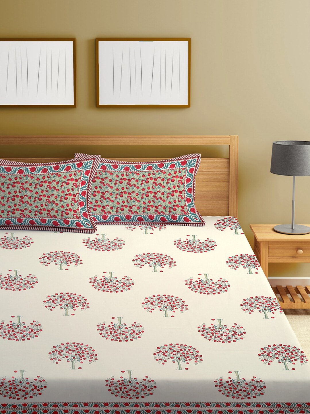 Rajasthan Decor Cream-Coloured Ethnic Motifs 144 TC Cotton King Bedsheet & 2 Pillow Covers - Swadesiicart