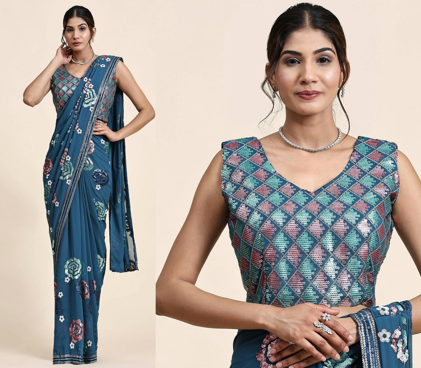 Blue Pure Georgette Sequence work Ready to wear Saree with stitched Blouse - Nirvana | Swadesiicart