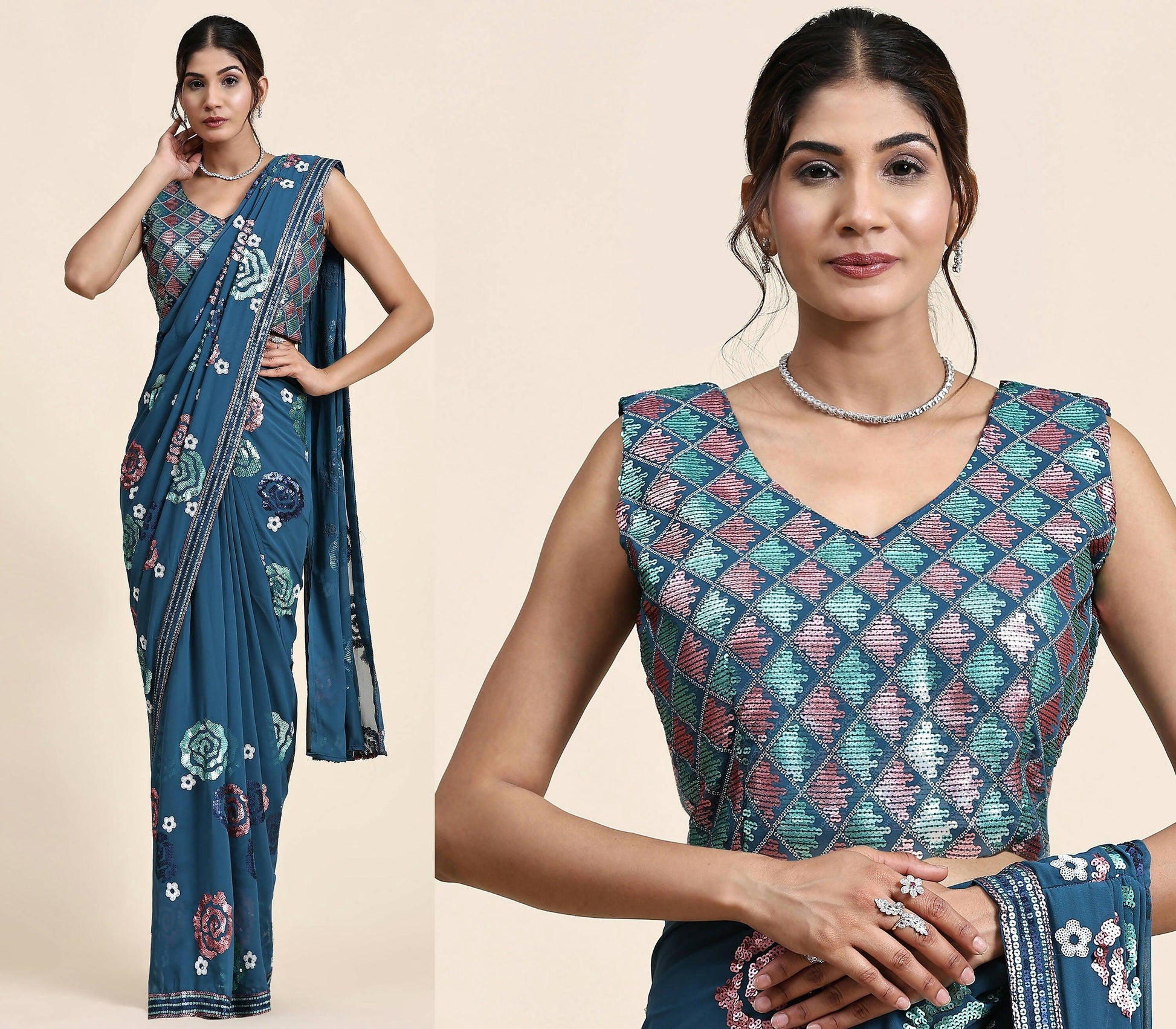 Blue Pure Georgette Sequence work Ready to wear Saree with stitched Blouse - Nirvana | Swadesiicart