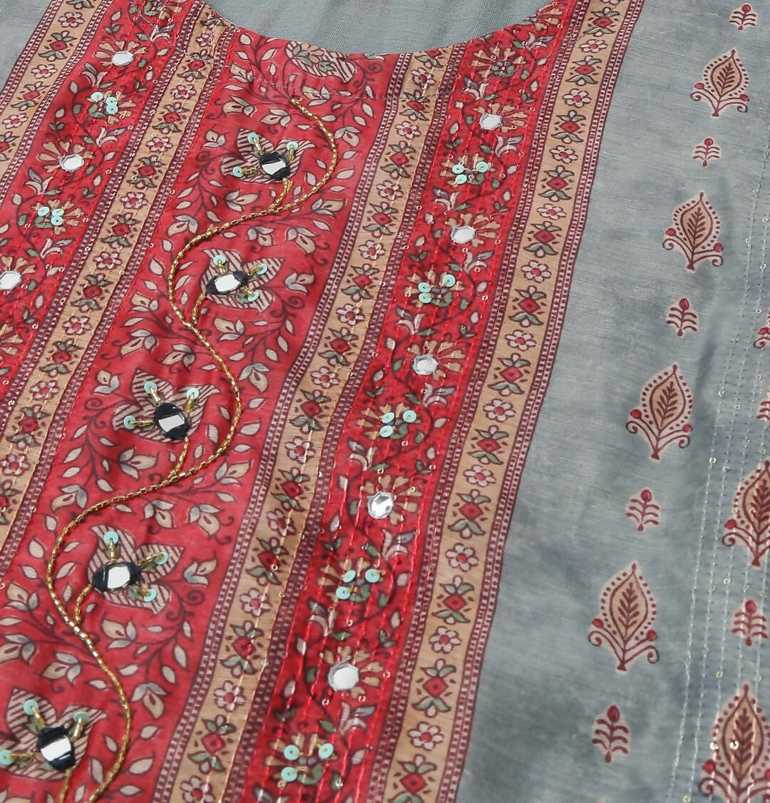 Grey Chinon Digital Printed With Hand Work Kurta - Himanshi - Swadesiicart