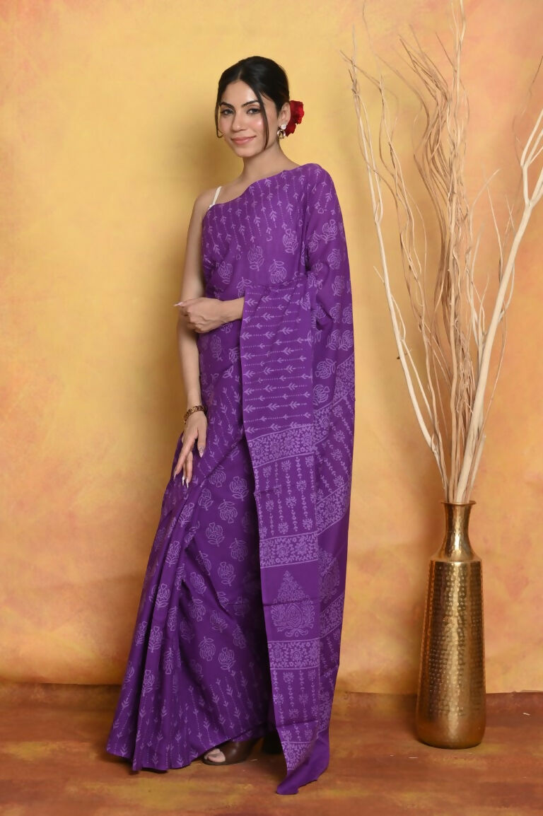 Very Much Indian Handblock Printed Cotton Saree With Natural Dyes - Purple | Swadesiicart