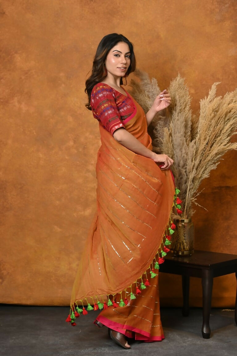 Very Much Indian Designer Mul Cotton Handloom Saree with Sequins - Orange | Swadesiicart