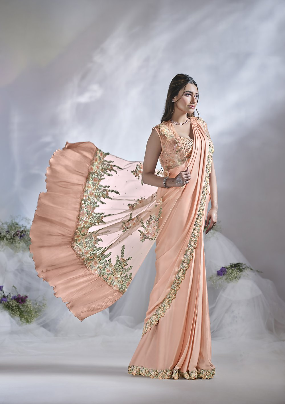 Peach Crepe Satin Silk Designer Ready to wear saree with stithced Blouse - Mohmanthan Aura | Swadesiicart