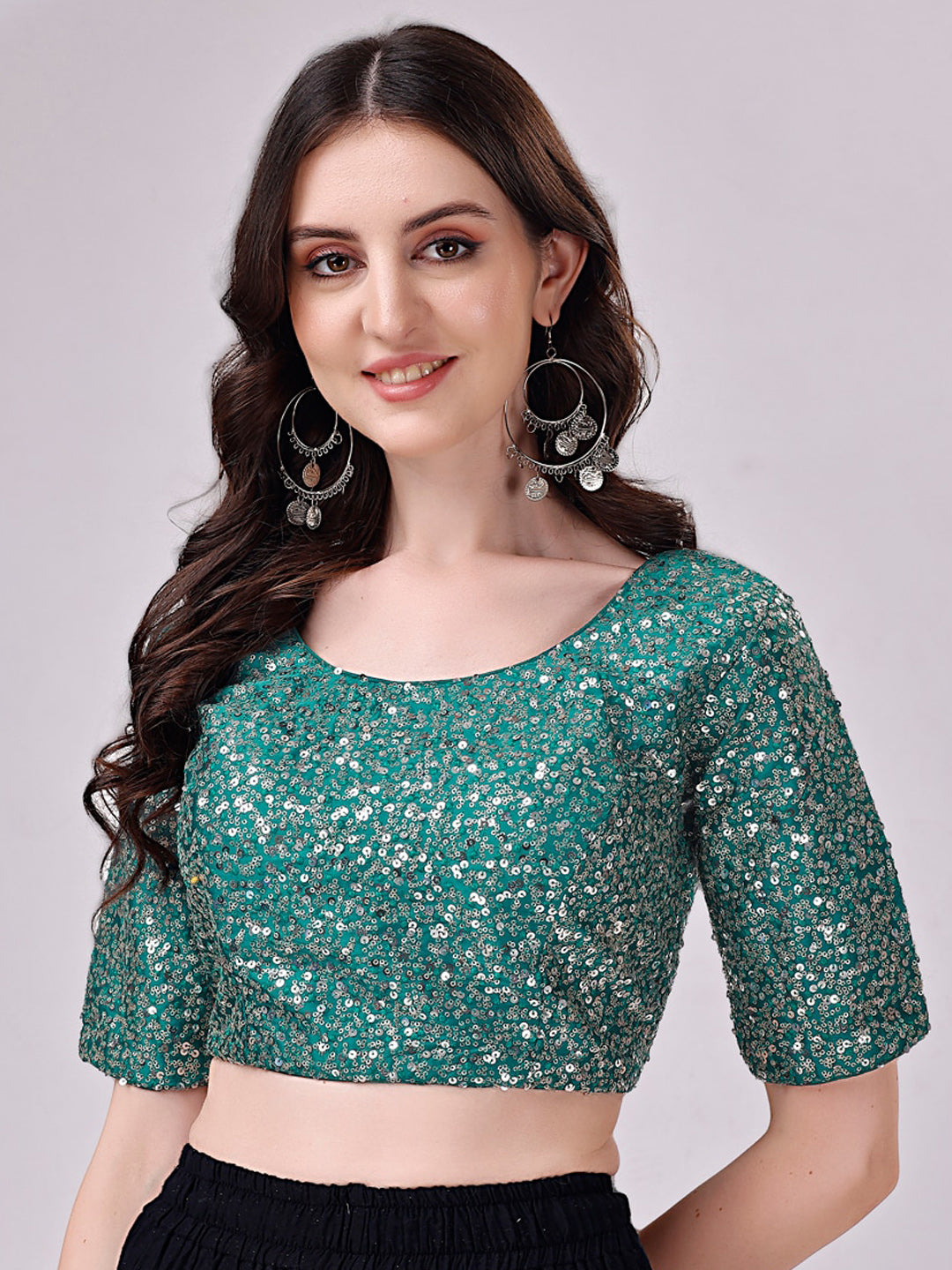 Tikhi Imli Teal Blue Embellished Sequinned Detailed Saree Blouse | Swadesiicart