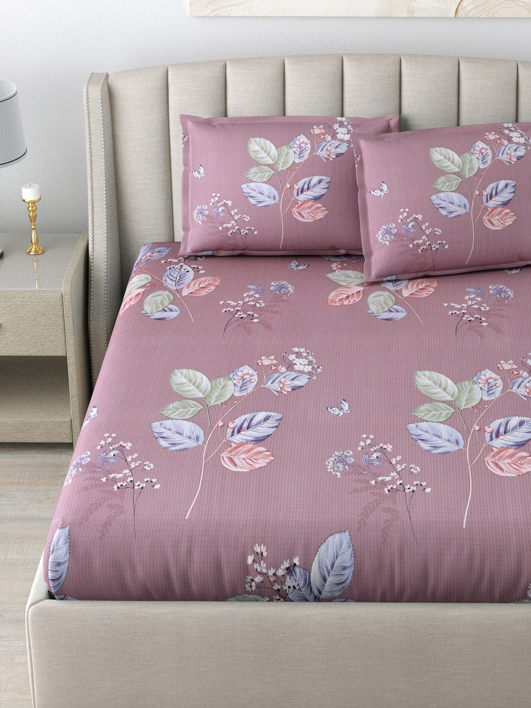 DREAM WEAVERZ 220 TC Pink & Blue Floral Glazed Cotton King Bedsheet with 2 Pillow Covers - Swadesiicart