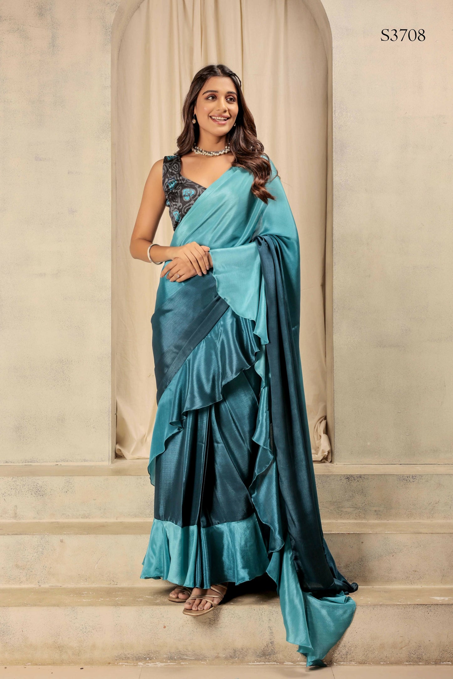 Blue Satin Solid Designer, Printed Party Wear Ready To Wear Saree - Nasreen | Swadesiicart