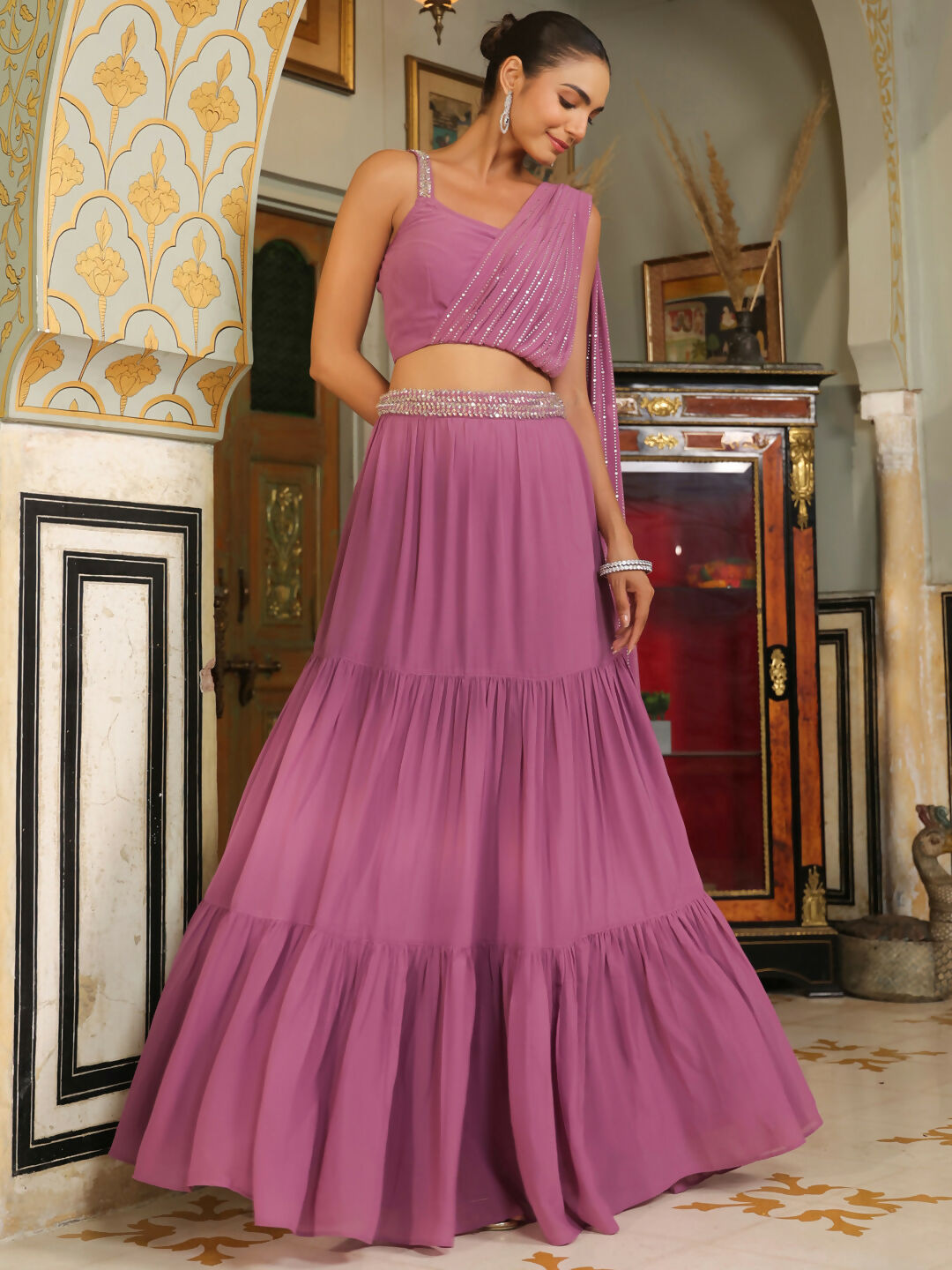 Janasya Lavender Georgette Foil Print Lehenga Choli | Swadesiicart
