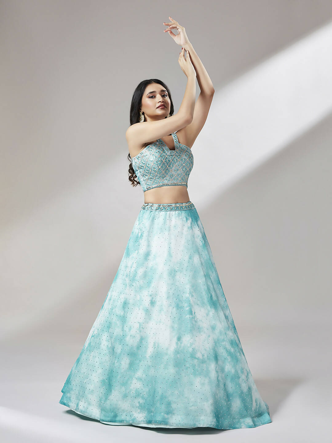 House of Panchhi Turquoise Blue Organza Floral Printed Lehenga choli & Dupatta | Swadesiicart