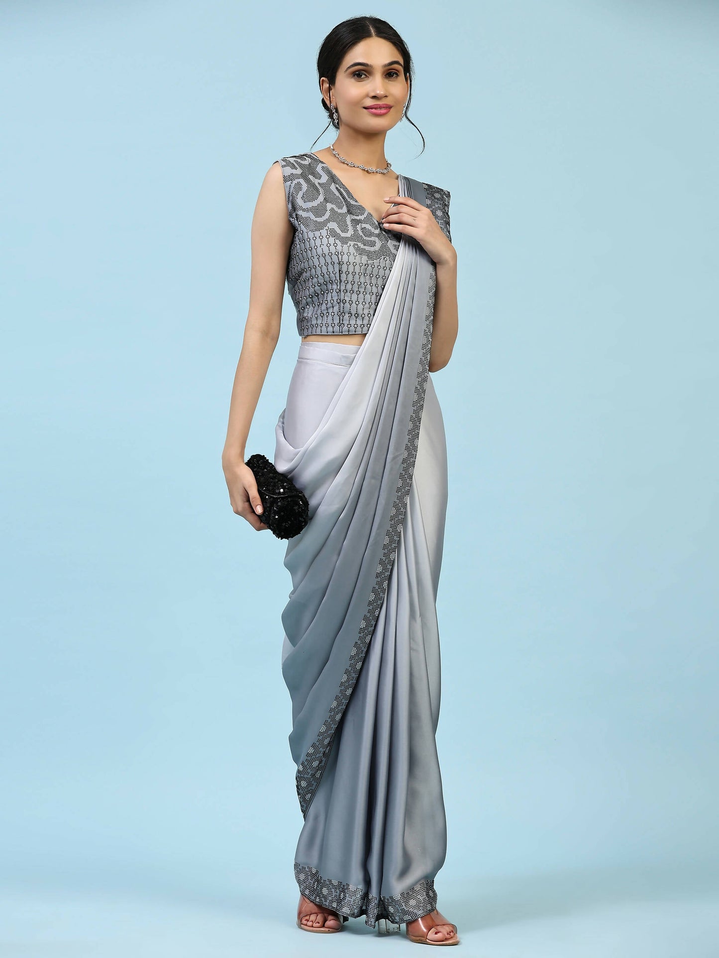 Grey Ombre Satin Georgette Plain Ready to wear Saree with stitched Blouse - Vrinda | Swadesiicart