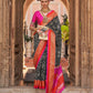 Black Silk Abstract Printed Saree With Unstitched Blouse Piece - Aanchal