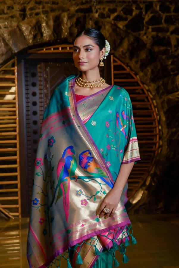 Vishnu Weaves Women's Rama Paithani Silk Zari Woven Saree with Unstitched Blouse - Swadesiicart