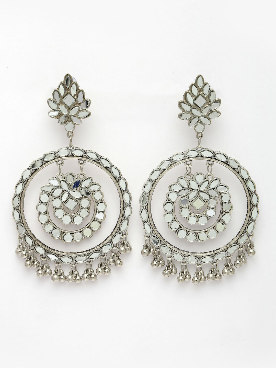 NVR Women's Silver-Toned Mirror Work Oxidised Contemporary Drop Earrings | Swadesiicart