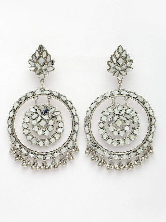 NVR Women's Silver-Toned Mirror Work Oxidised Contemporary Drop Earrings | Swadesiicart