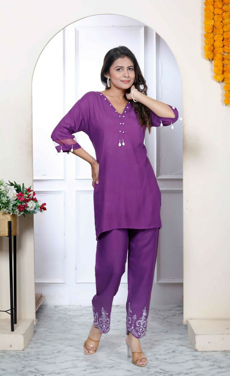 Miravan Women's Purple Solid Rayon Straight Co-Ord Set - Swadesiicart