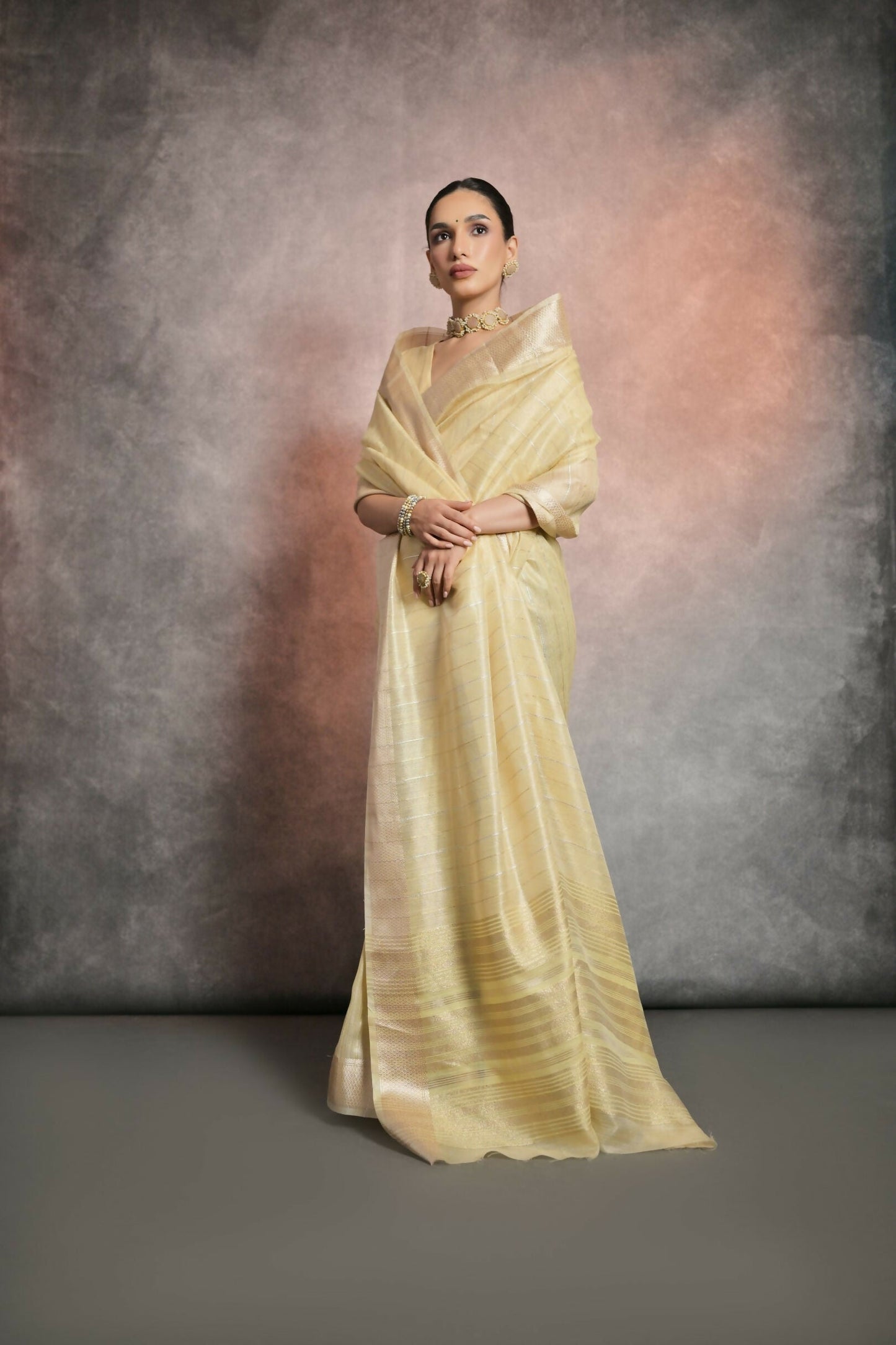Vishnu Weaves Women's Yellow Tissue Linen Zari Woven Saree with Blouse - Swadesiicart