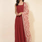 Janasya Women's Red Georgette Foil Printed Festive Anarkali Kurta Set | Swadesiicart