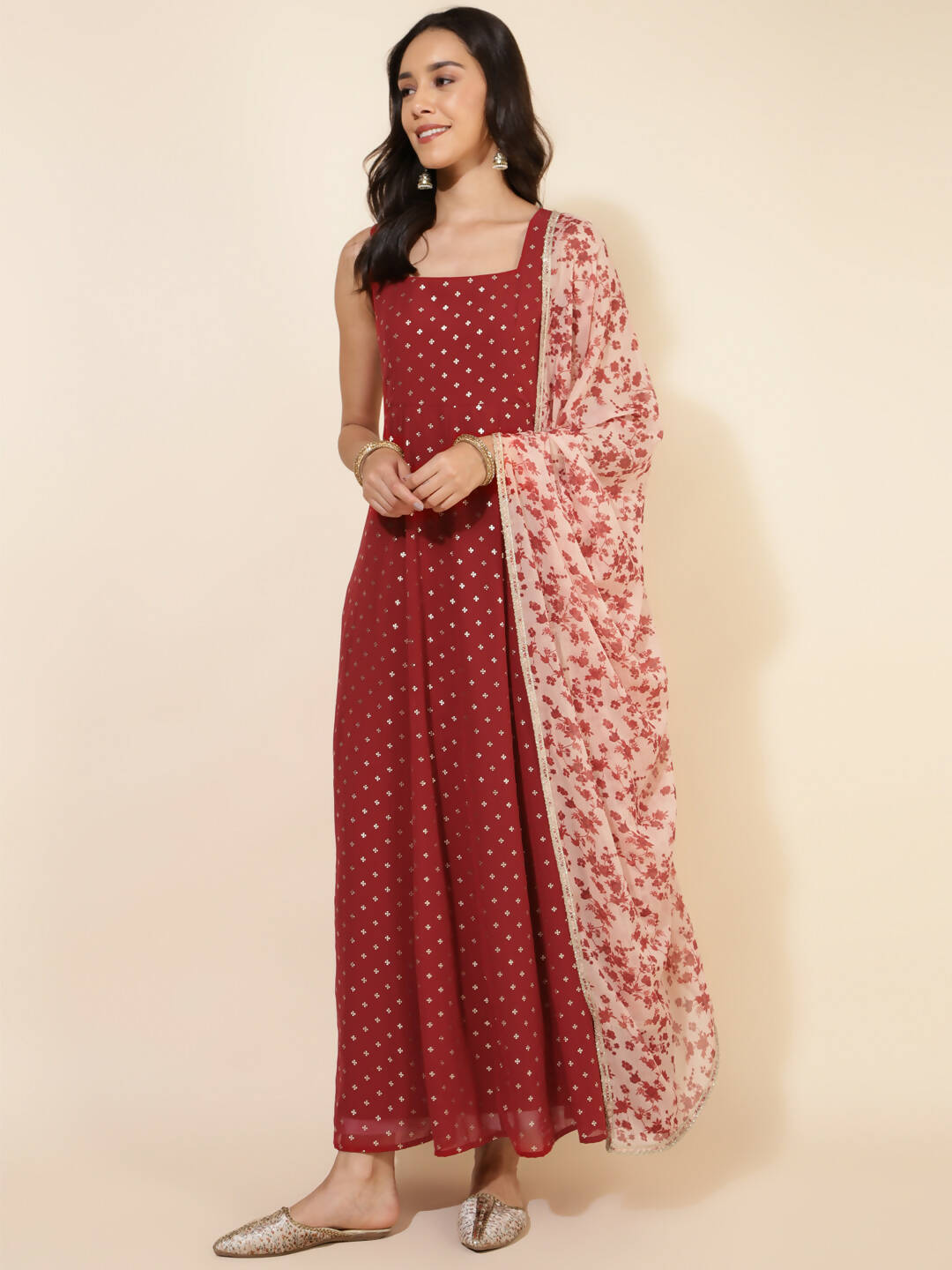 Janasya Women's Red Georgette Foil Printed Festive Anarkali Kurta Set | Swadesiicart