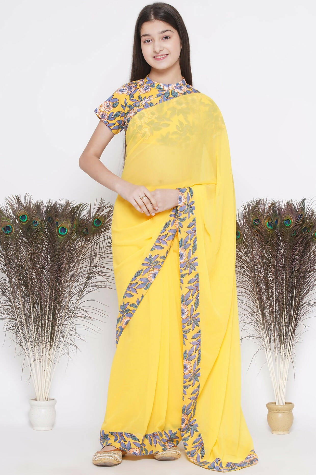 Little Bansi Floral Print Ready To Wear Saree And Floral Blouse - Yellow | Swadesiicart