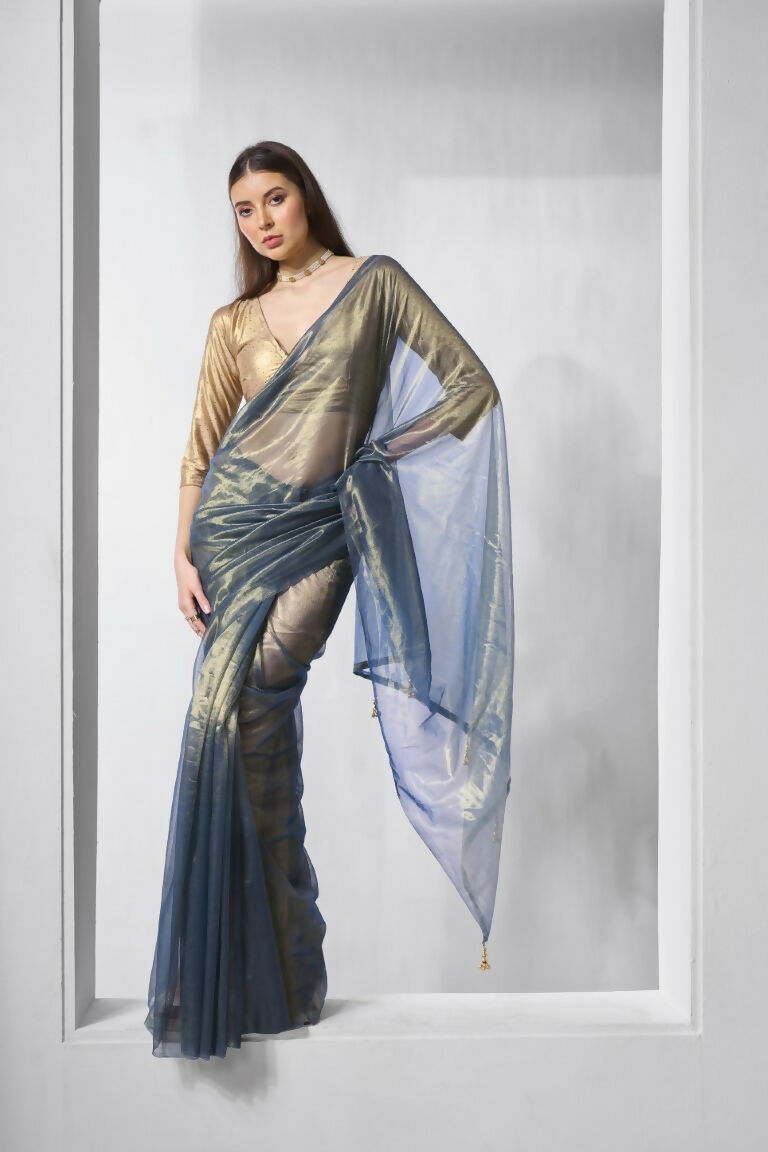 Blue Gold Tissue Net Solid & Gold Cotted Saree - Samaa