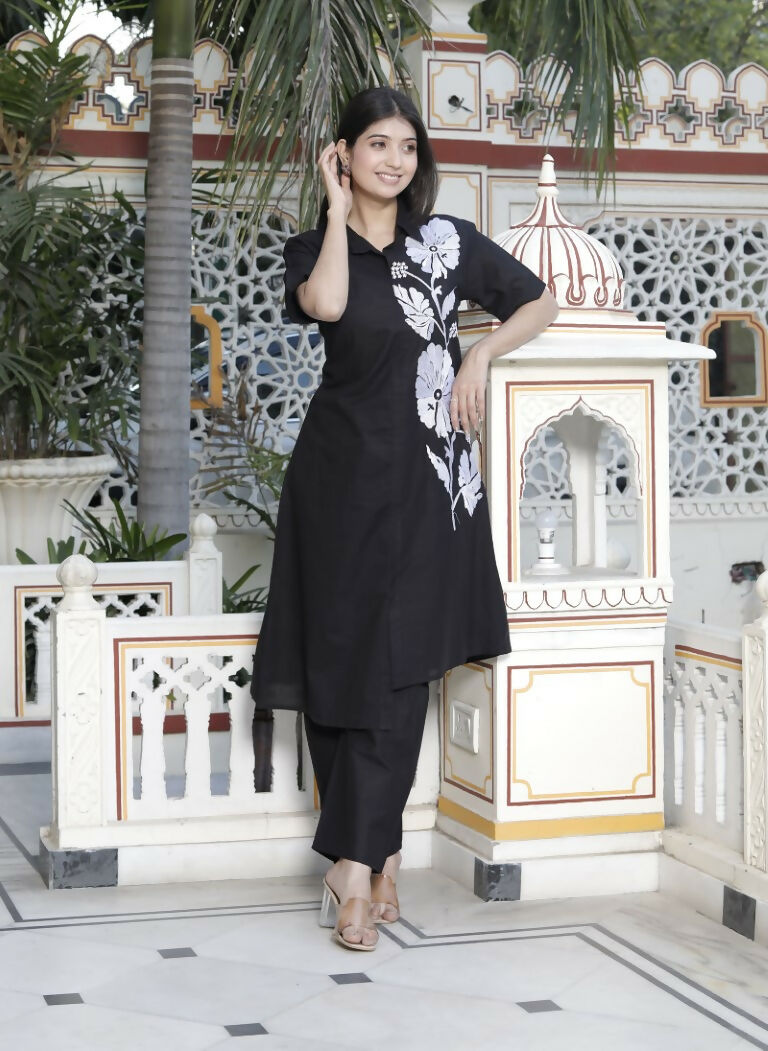 Miravan Women's Black Pure Cotton Floral Embroidered High Low Co-Ord Set - Swadesiicart