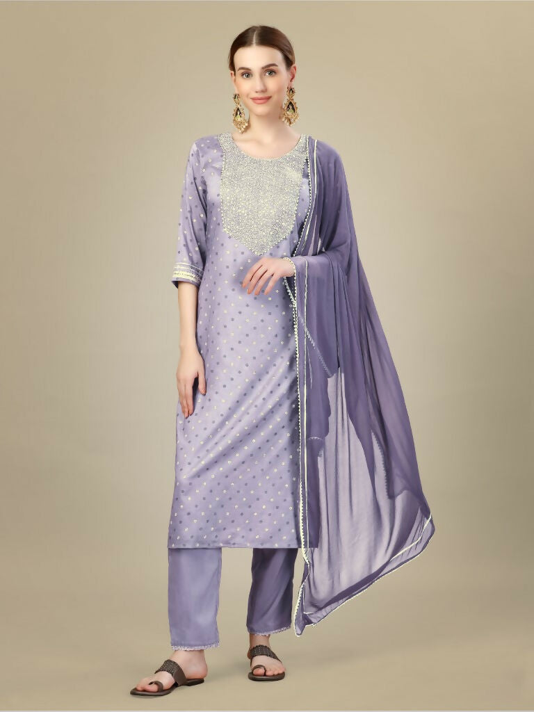 Jyoti Fashion Women's Lavender Silk Blend Embroidery & Sequence work Kurta with Trouser & Dupatta | Swadesiicart