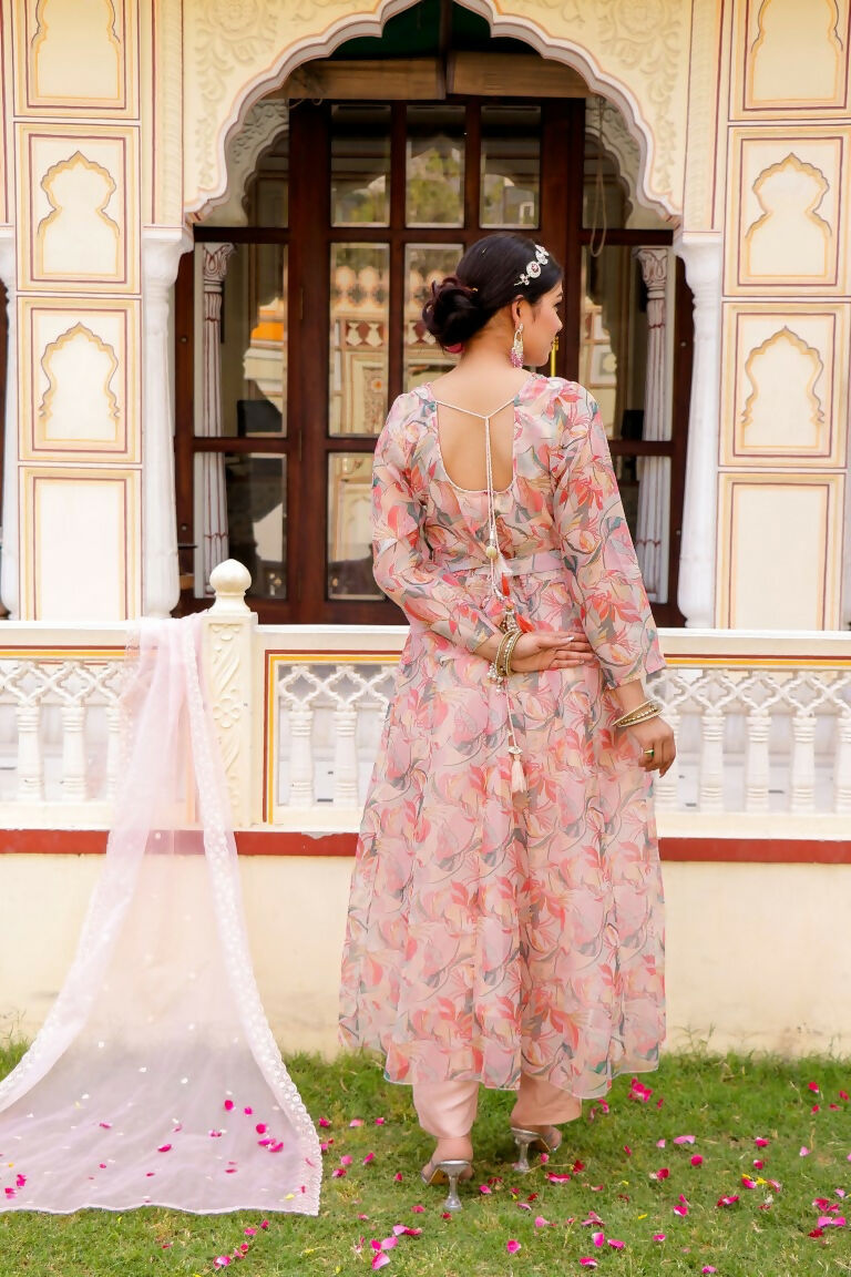 Vaasva Women White Organza Floral Print & Embroidered Anarkali Kurta, Pant & Dupatta set | Swadesiicart