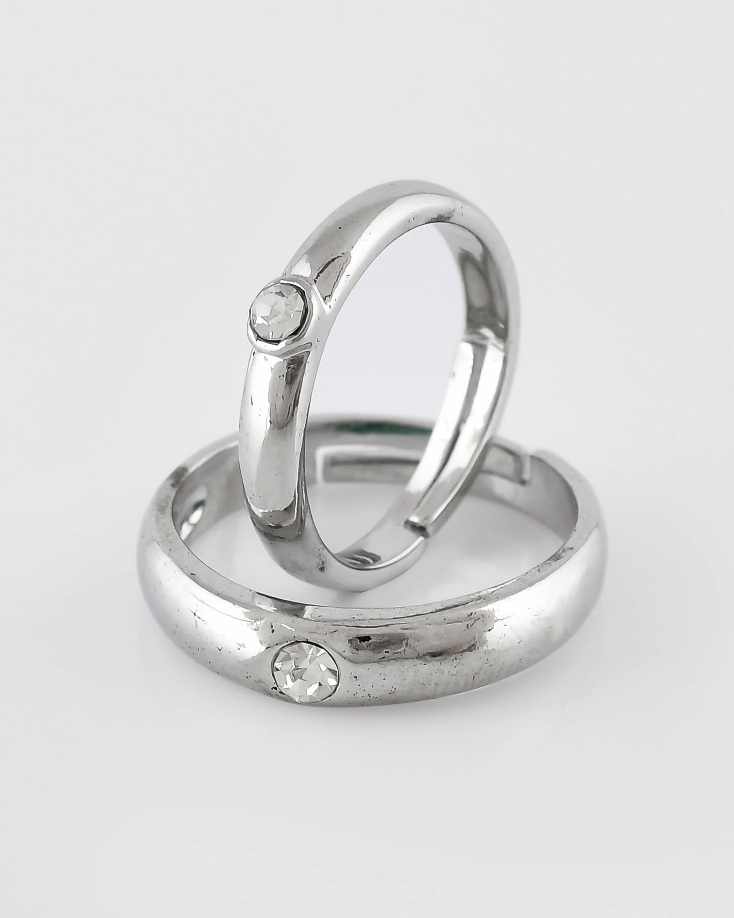 VOJ Stainless Steel Cubic Zirconia Silver Plated Adjustable Ring Set for Couple | Swadesiicart
