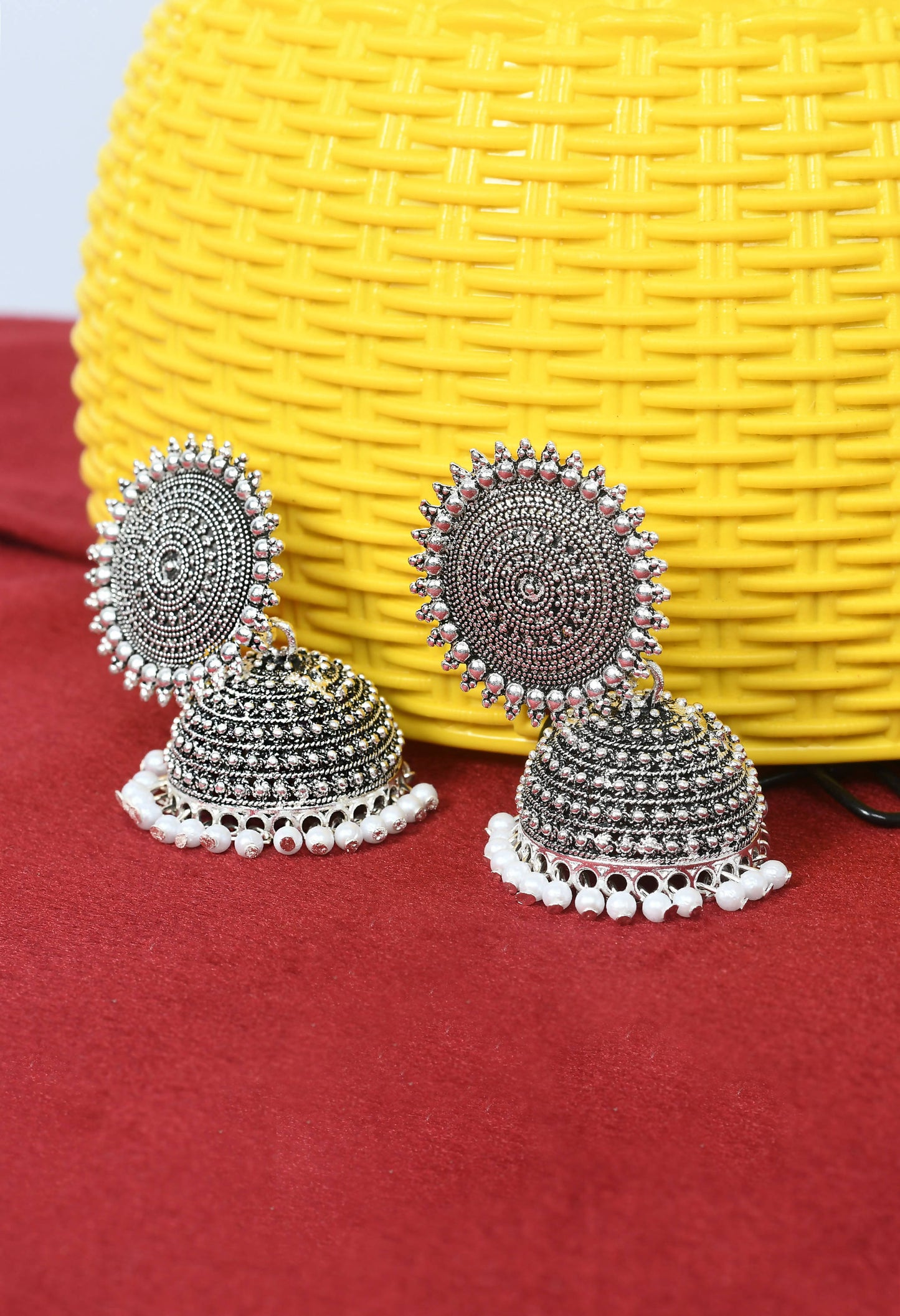 Mominos Fashion Johar Kamal Silver Color Jhumkas With White Pearls Earrings - Swadesiicart