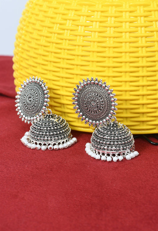 Mominos Fashion Johar Kamal Silver Color Jhumkas With White Pearls Earrings - Swadesiicart