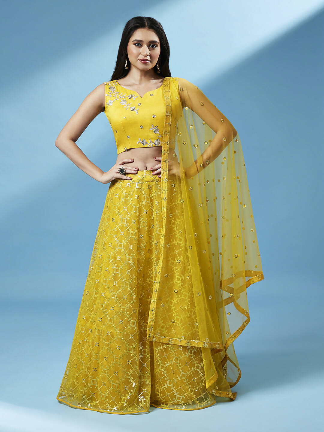 House of Panchhi Mustard Net Sequinse Work Lehenga & Blouse, Dupatta | Swadesiicart