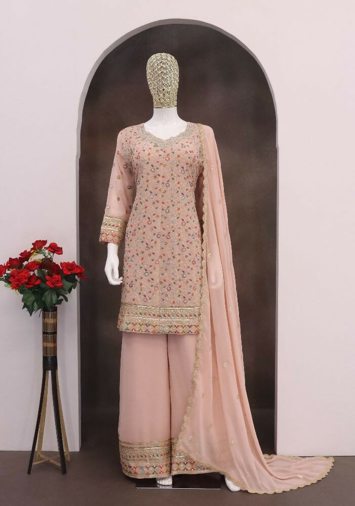 Anaita Peach Embroderied Faux Georgette Stitched Plazzo Suit