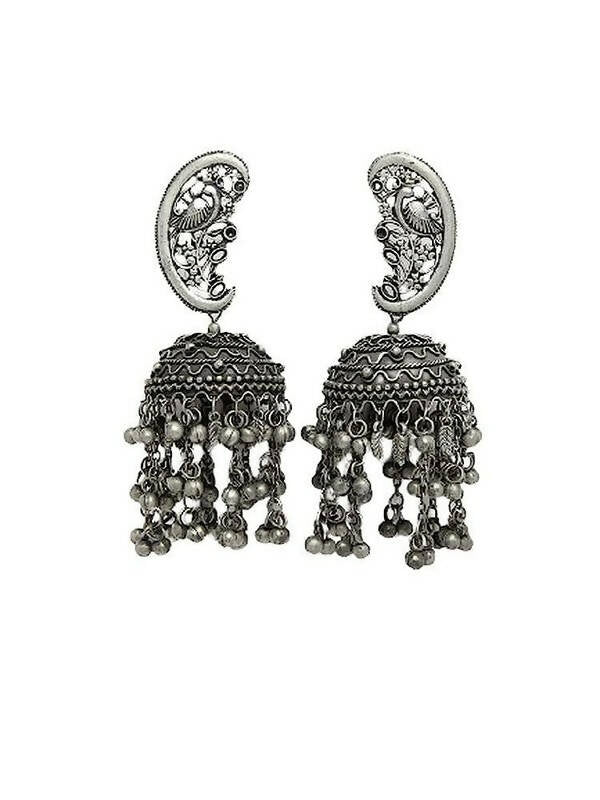 Peacock Shaped Tribal Design Oxidised Silver Plated Chandelier Jhumkas (VMC-PCK1) By House of Ree | Swadesiicart