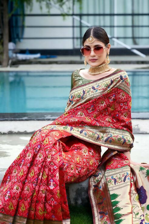 Vishnu Weaves Women's Red Paithani Patola Silk Zari Woven Saree with Unstitched Blouse - Swadesiicart